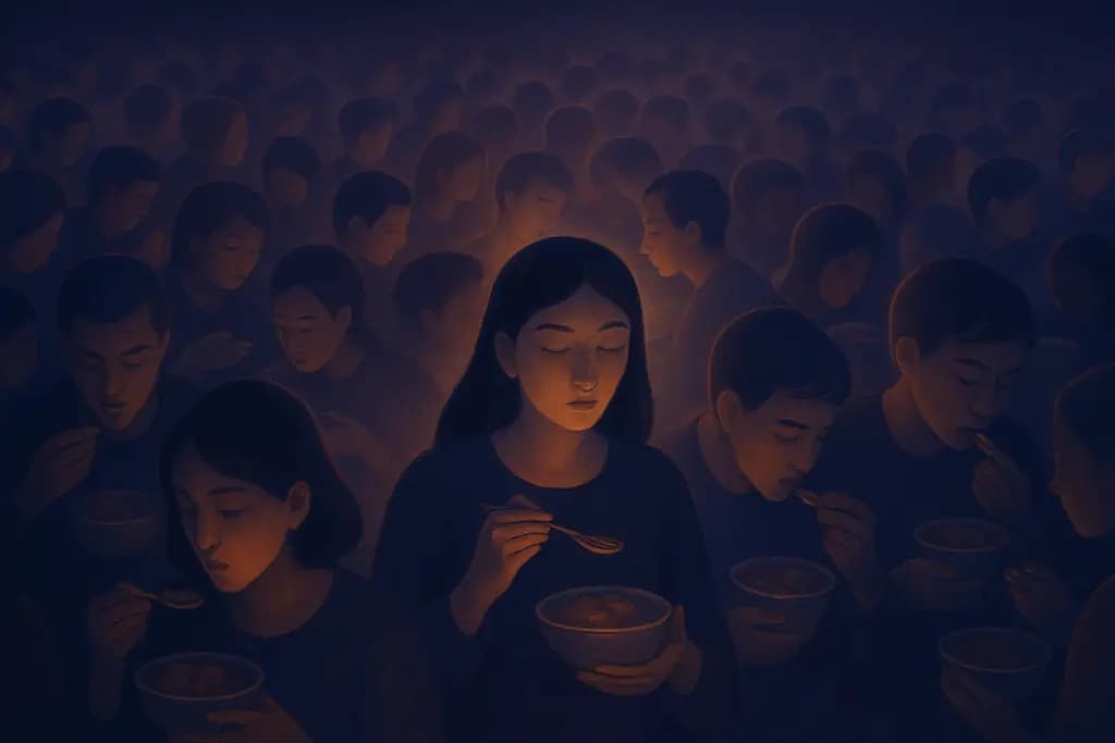 Dream illustration: hundreds of people eating unknown food in my dream