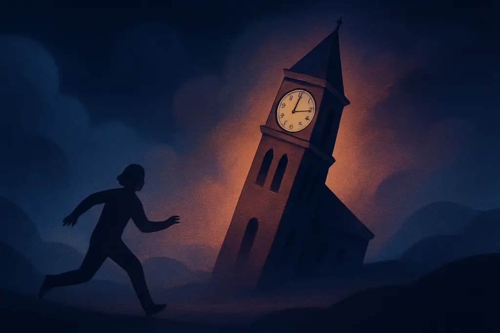 Dream illustration: leaning clock tower chasing me in my dream