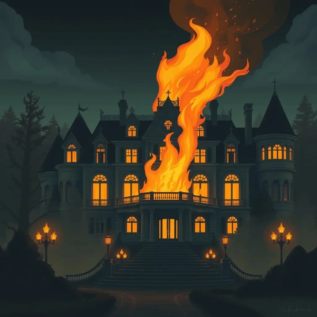 Dream illustration: Mansion on fire during tour