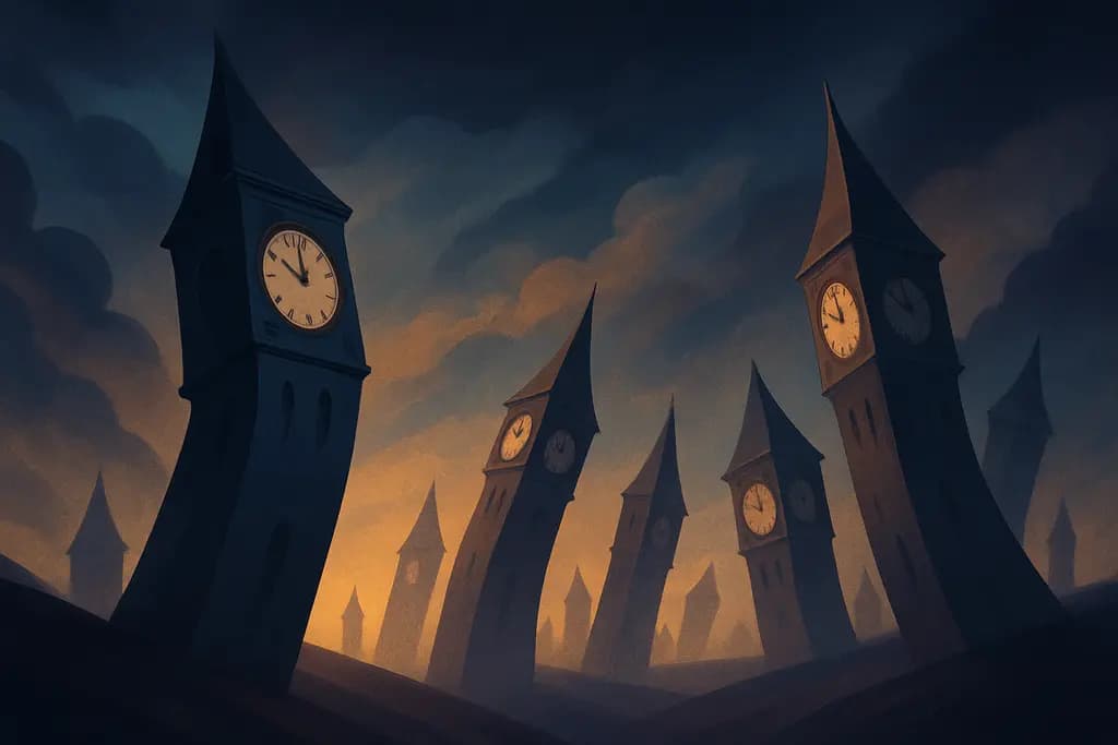 Dream illustration: many leaning clock towers dream meaning