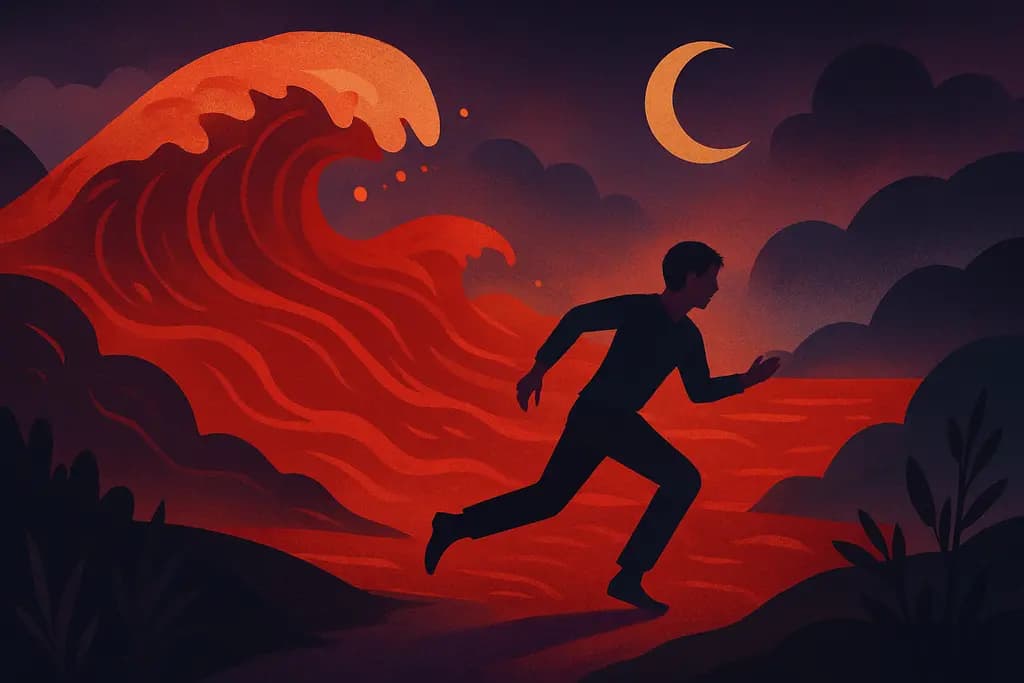 Dream illustration: red rapid floodwaters chasing me