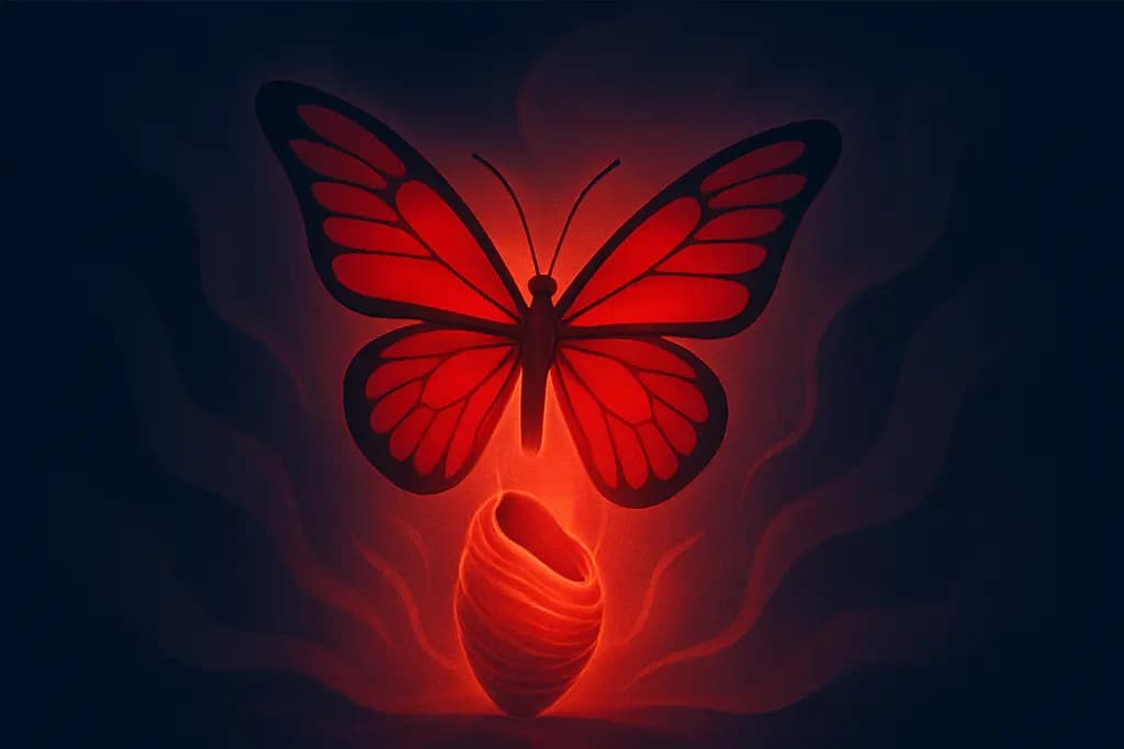 Dream illustration: red rebirth emerging from a cocoon dream meaning