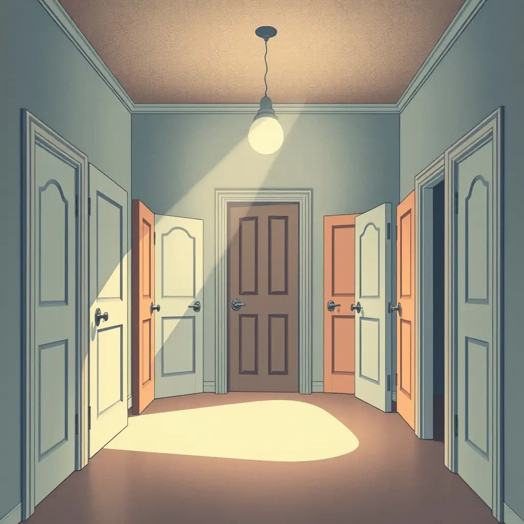 Dream illustration: Room full of mismatched doors