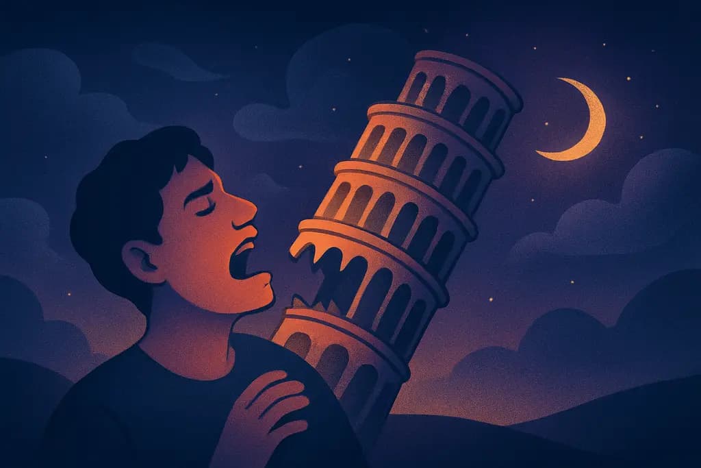 Dream illustration: tilting landmark biting me dream