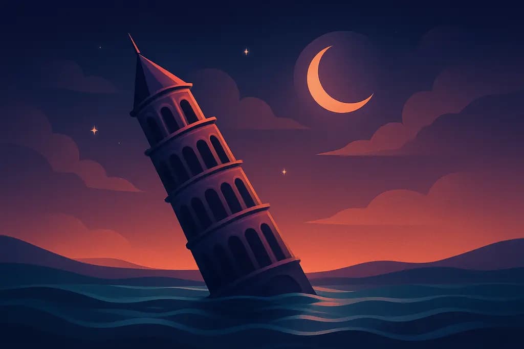 Dream illustration: tilting landmark in water dream