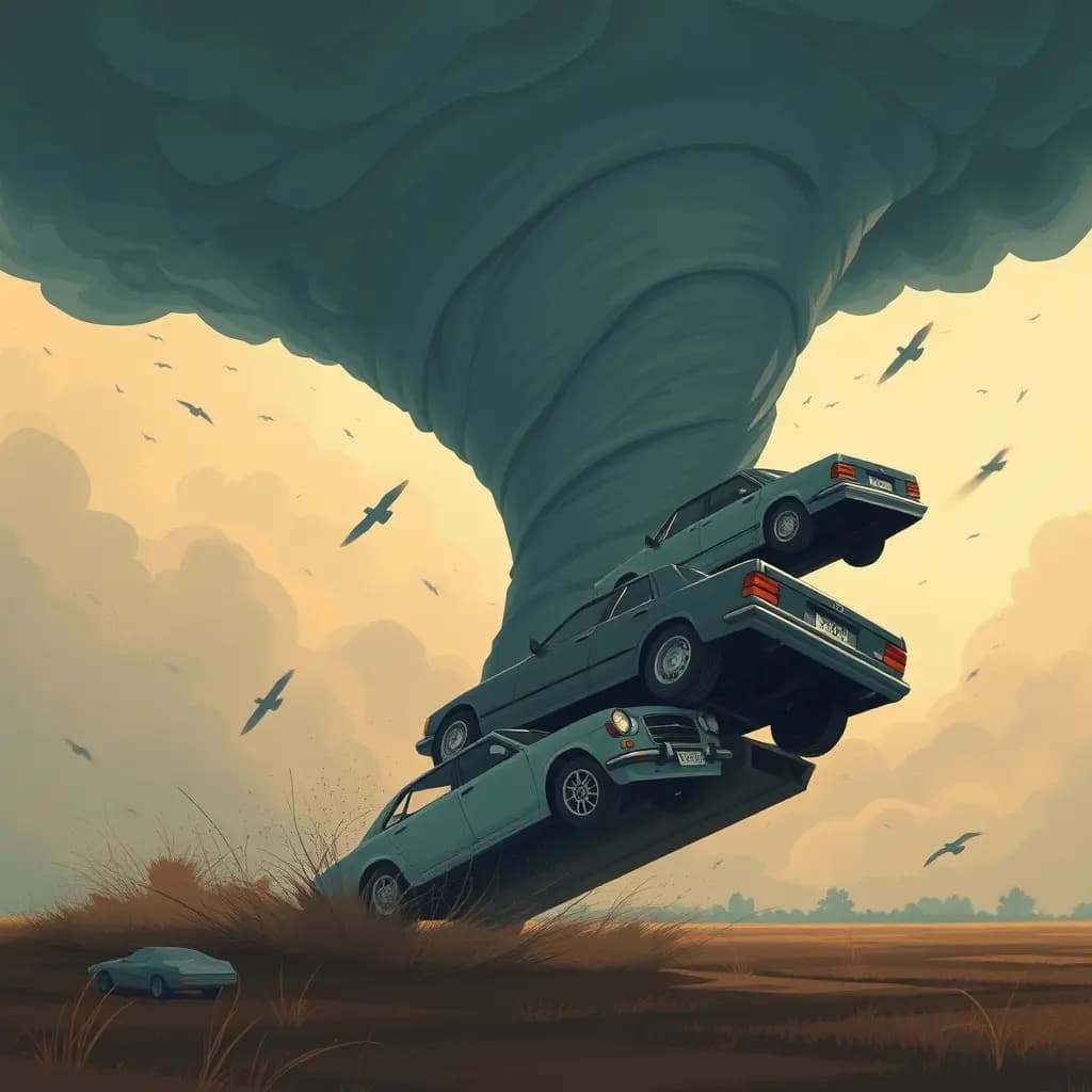 Dream illustration: Tornado lifting cars