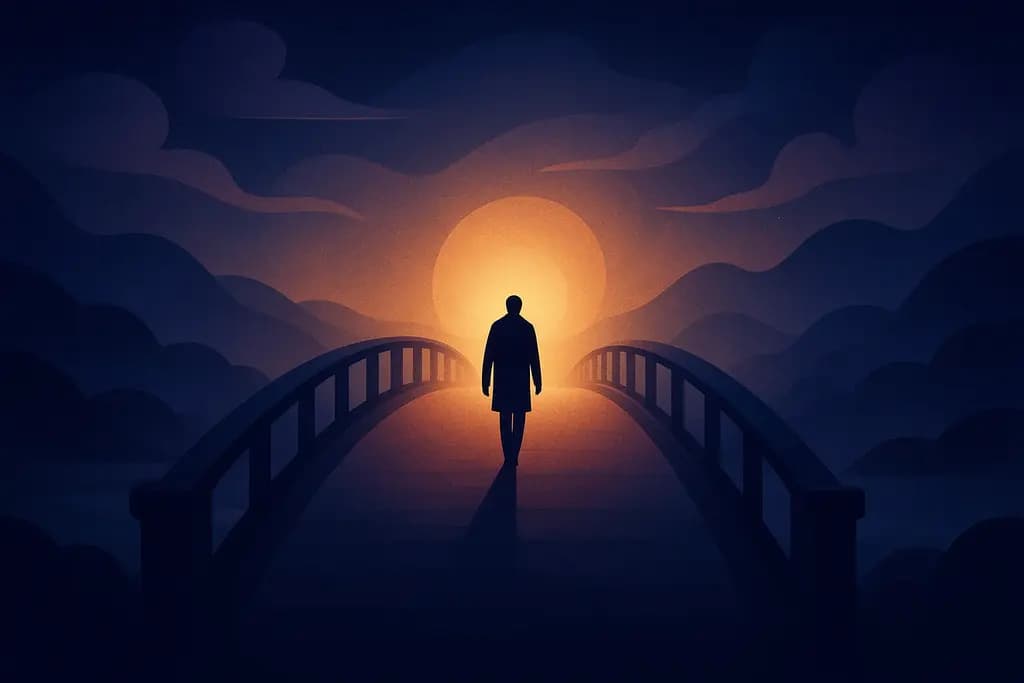 Dream illustration: Walking across a bridge toward a distant light