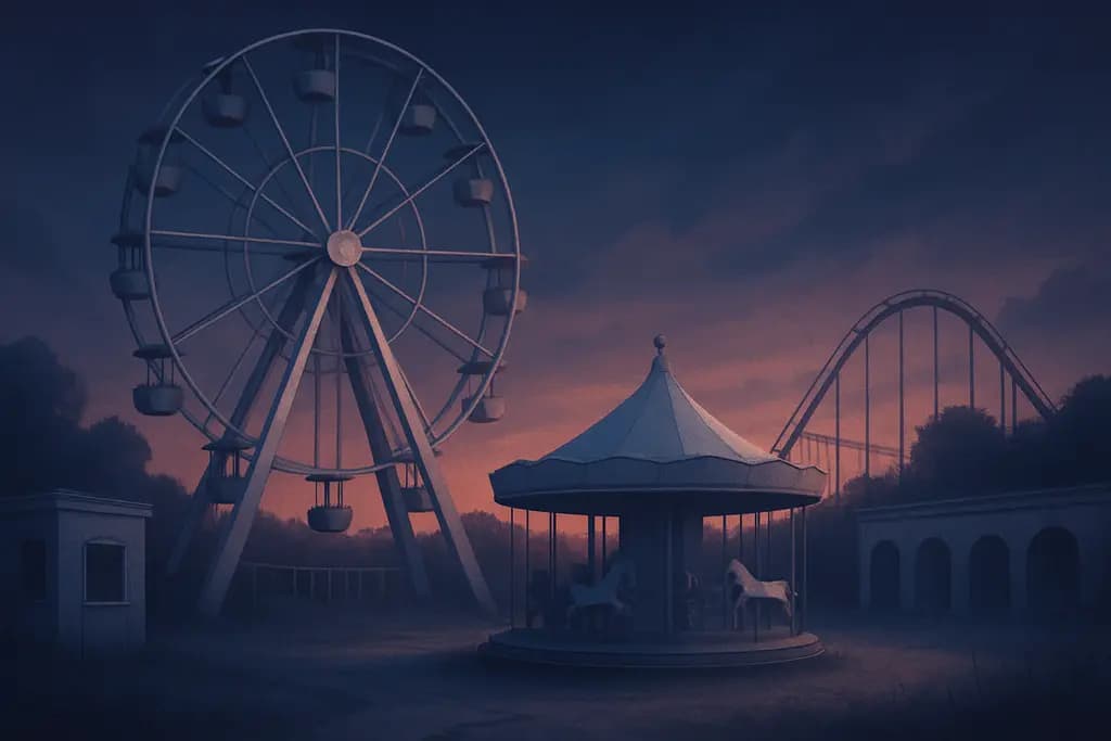 Dream illustration: white abandoned amusement park at dusk