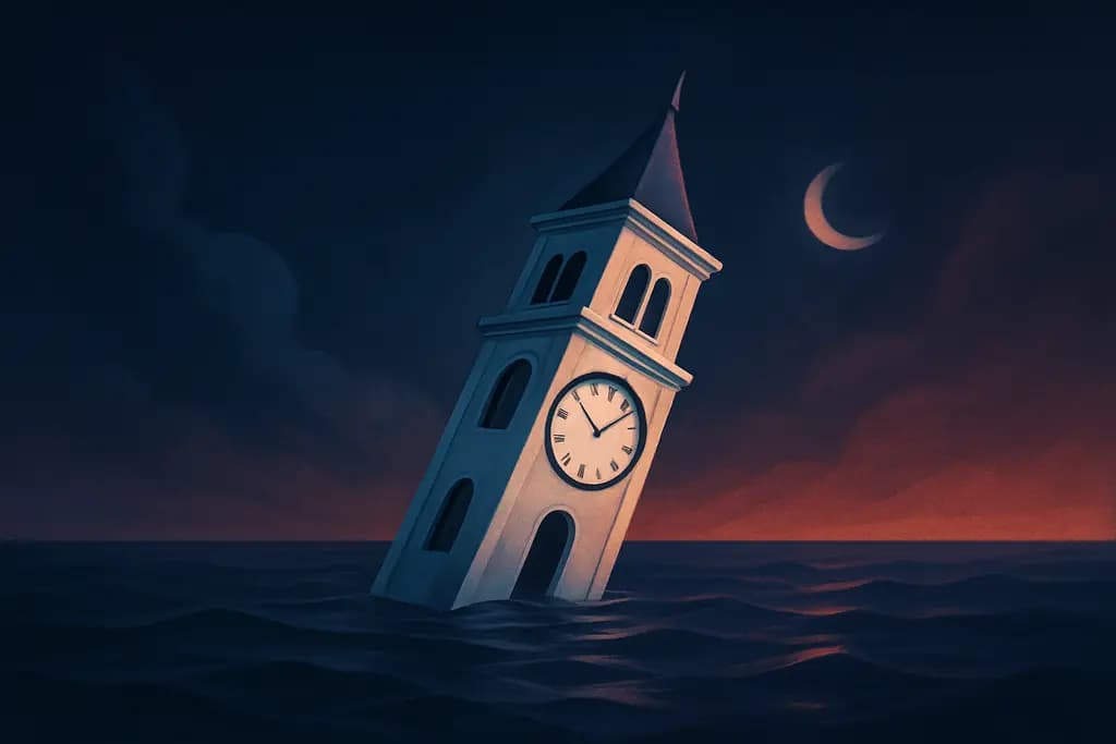 Dream illustration: white leaning clock tower in water dream