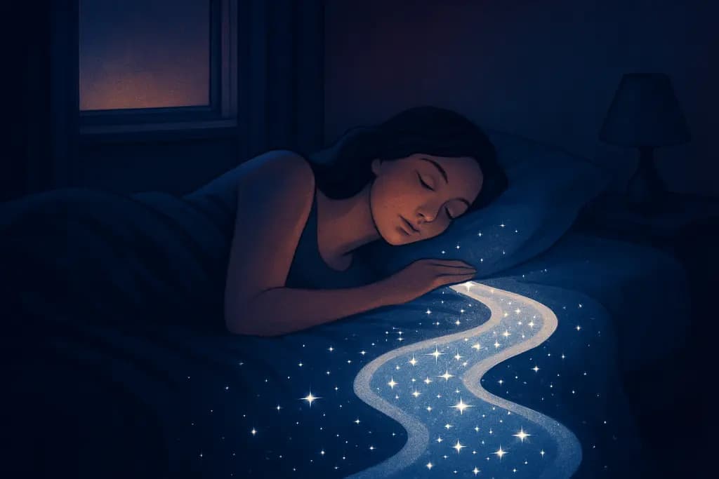 Dream illustration: white river made of stars in bed