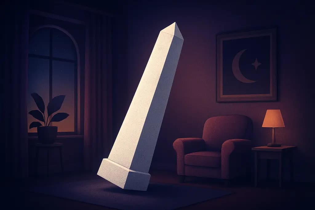Dream illustration: white tilting landmark in house